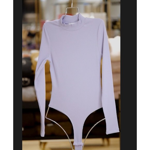 NEW TOPSHOP  Long Sleeve Women Lilac rib-knit Bodysuit TOP 96% Polyester Sz 8-10 - Picture 5 of 5